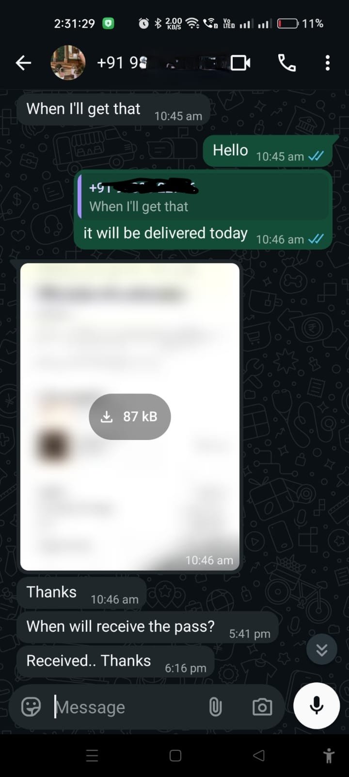 Customer WhatsApp conversation
