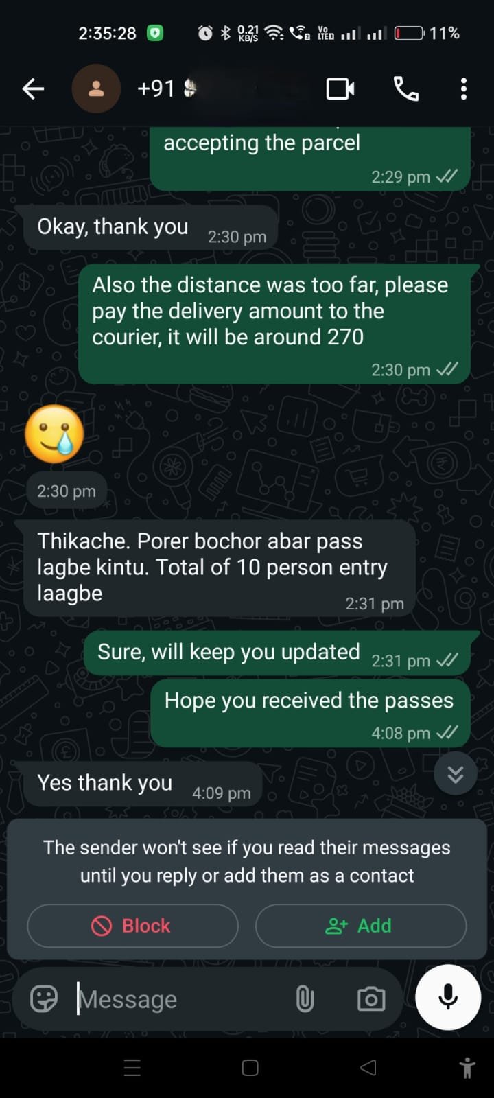 Customer WhatsApp conversation